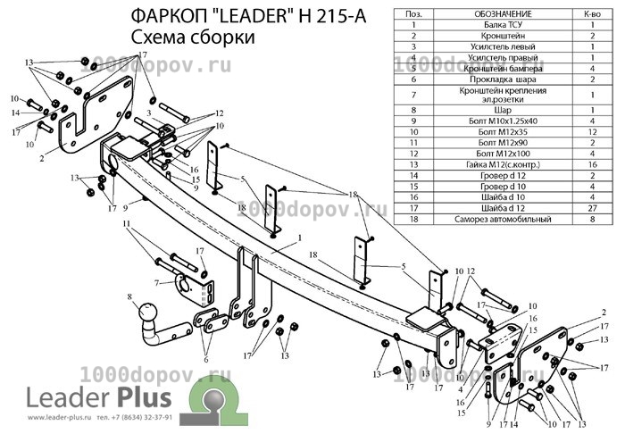 Фаркоп Leader Plus H215-A KIA Sorento 3 (XM) 2009-2012 — рисунок 7