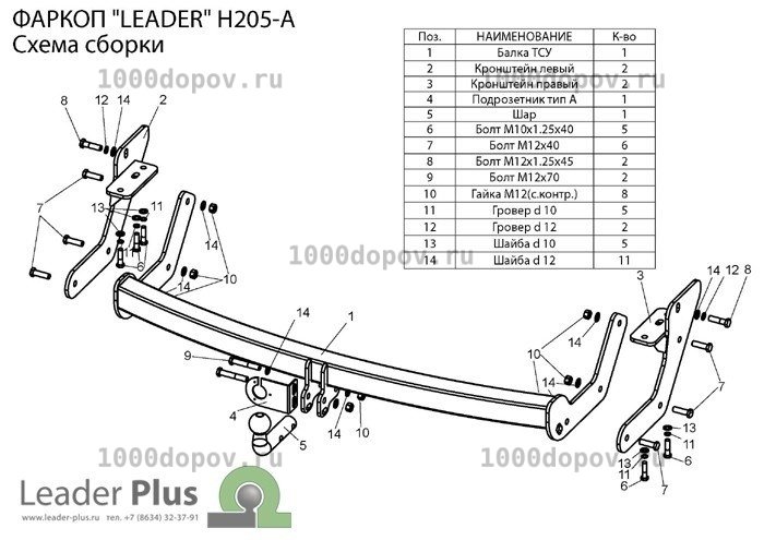 Фаркоп Leader Plus H205-A(N) Hyundai Santa Fe Classic (SM) (ТагАЗ) 2001-2006, 2007-н.в. — рисунок 2