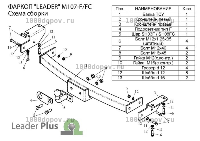 Фаркоп Leader Plus M107-FC Mitsubishi Pajero Sport (K90) 1998-2008 — рисунок 2