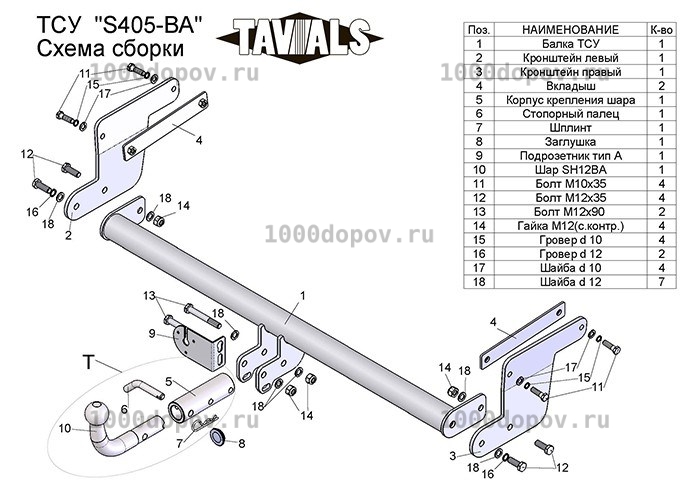 Фаркоп TAVIALS S405-BA Suzuki SX4 S-Cross (JY) 2013-н.в. — рисунок 1