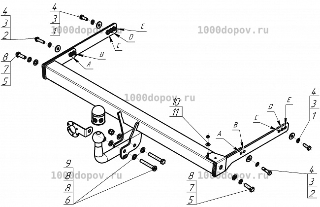 Фаркоп АвтоСтандарт V101A Volkswagen Tiguan 2007-2016 (оцинк. Шар) — рисунок 2