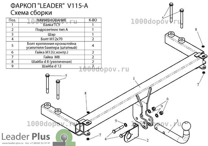 Фаркоп Leader Plus V115-A Volkswagen Passat B5 Plus 1996-2005 — рисунок 2